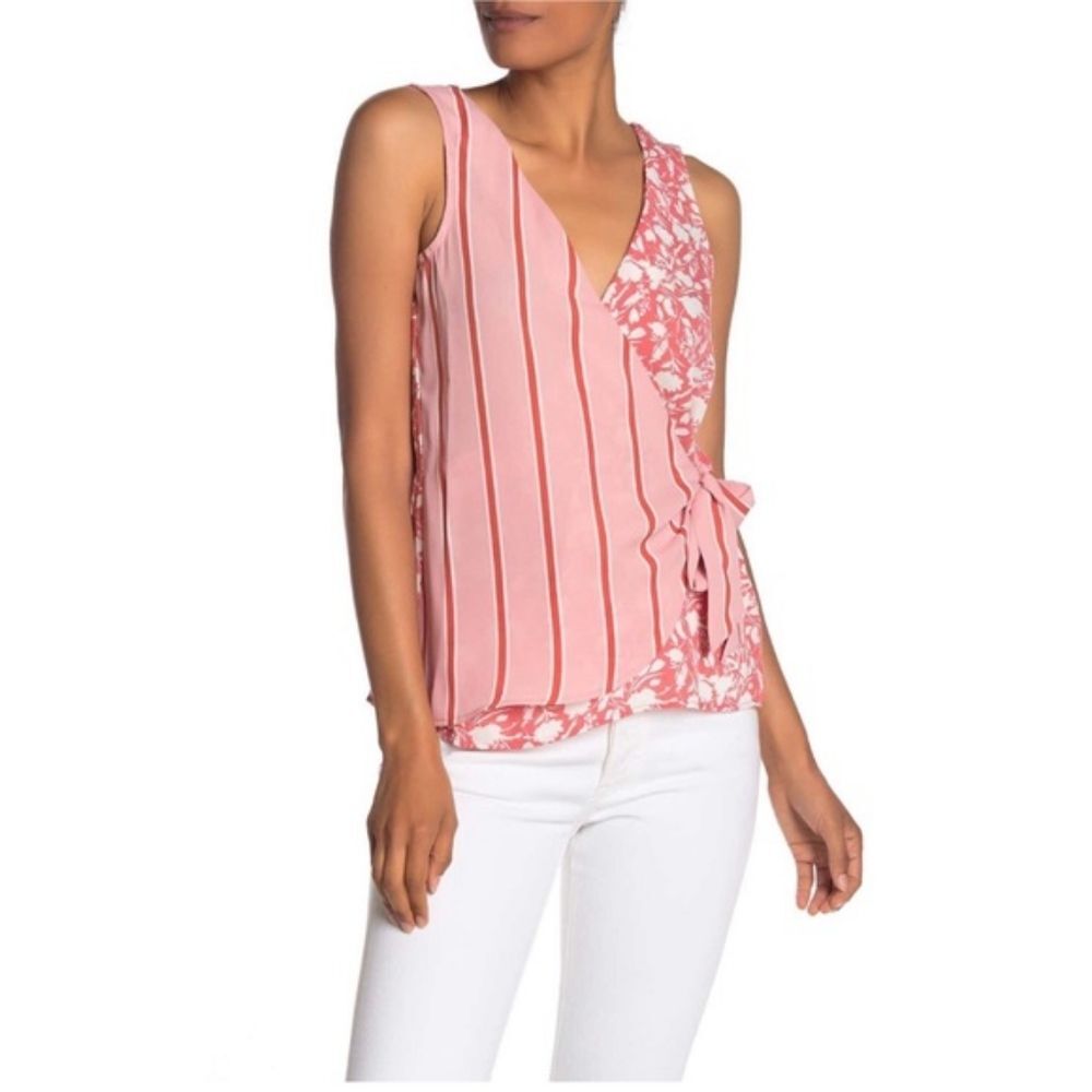 Bobeau Pink Orange Floral Striped Sleeveless Faux Wrap Tie V-Neck Blouse Small